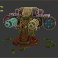 Green Mechanical Turret With Red Star Emblem Dual Barrels Surrounded By Scattered Bullets