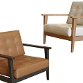 Leisure Chairs Brown Leather Light Fabric With Black Metal Wooden Arms And Square Design