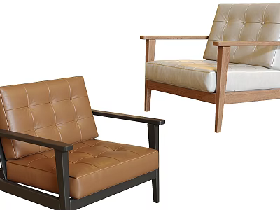 Leisure Chairs Brown Leather Light Fabric With Black Metal Wooden Arms And Square Design 3d model