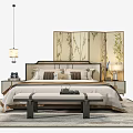 Modern Double Bed with Plant Patterned Screen Bedside Tables Lamps and Bench 3d model