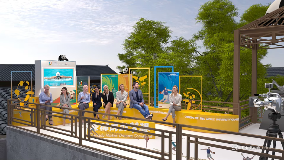 Group Sitting on Yellow Bench with Green Trees Blue Display Boards at New City University 3d model 