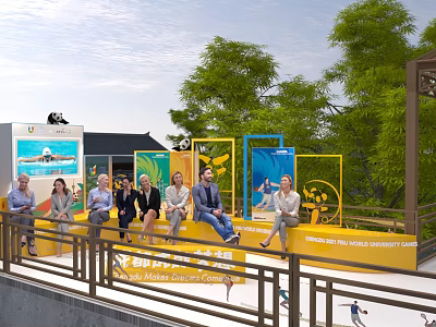 Group Sitting on Yellow Bench with Green Trees Blue Display Boards at New City University 3d model