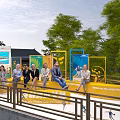 Group Sitting on Yellow Bench with Green Trees Blue Display Boards at New City University