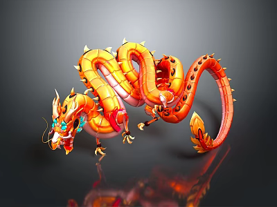 3D Rendered Orange Dragon With Yellow Scales Blue Eyes And Curved Body On Dark Background 3d model