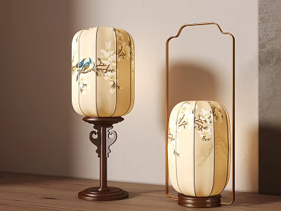 Chinese Style Table Lamp with Beige Shade Floral Bird Patterns and Metal Frame Base 3d model