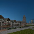 Vibrant Commercial Street Night View With Traditional Tower Modern Buildings Water Features Greenery And Pedestrians