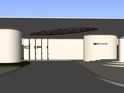 Modern Entrance Gate With White Columns Decorative Canopy And Smooth Walls 3d model