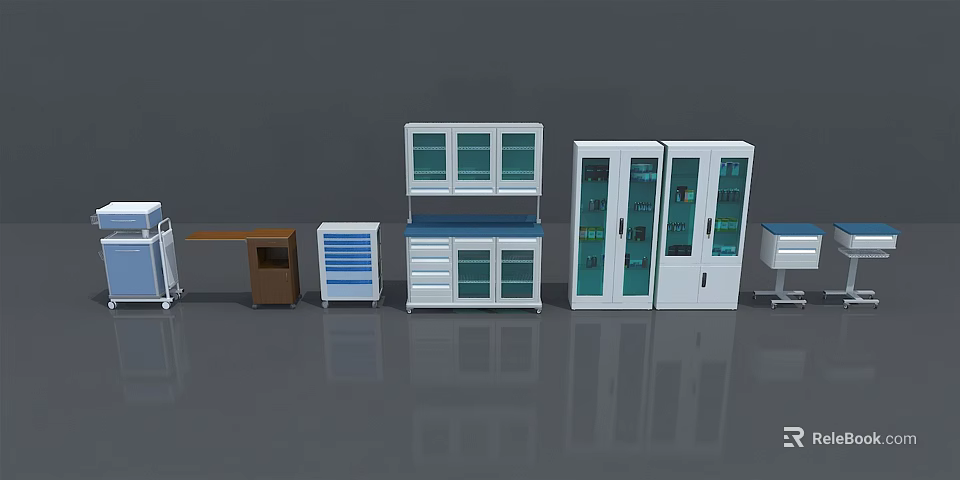 Stainless Steel Medical Storage Cabinets With Glass Doors Drawers And Worktables For Hospital Clinics 3d model 