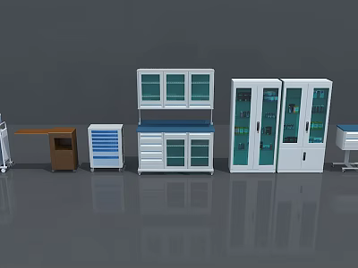 Stainless Steel Medical Storage Cabinets With Glass Doors Drawers And Worktables For Hospital Clinics 3d model