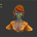 3D Render Female Character With Red Curly Hair Green Eyes And Orange Upper Outfit