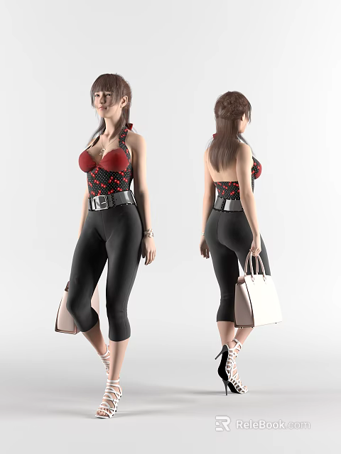 Stylish Woman in Red Polka Dot Halter Top and Black Tight Pants with Beige Handbag 3d model 