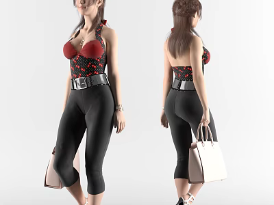 Stylish Woman in Red Polka Dot Halter Top and Black Tight Pants with Beige Handbag 3d model