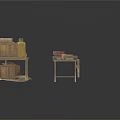 Rustic Kitchen Scene With Wooden Tables Clay Pots Metal Pans Wooden Buckets And Salt Bags