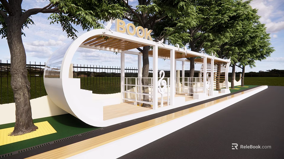 Outdoor Book Kiosk With White Structure And Trees Near Grass Area By Road 3d model 