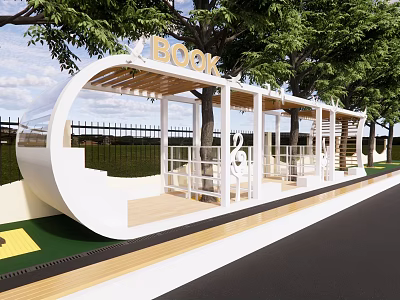Outdoor Book Kiosk With White Structure And Trees Near Grass Area By Road 3d model