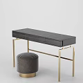Modern Black Dressing Table With Gold Legs Open Mirror Drawer And Gray Stool 3d model