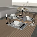 Minimalist Dinnerware Set With White Plates Glasses Cutlery Vase Dried Flowers On Wooden Table