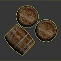 Three Wooden Barrels Standing And Tilted With Metal Hoops And Wood Texture