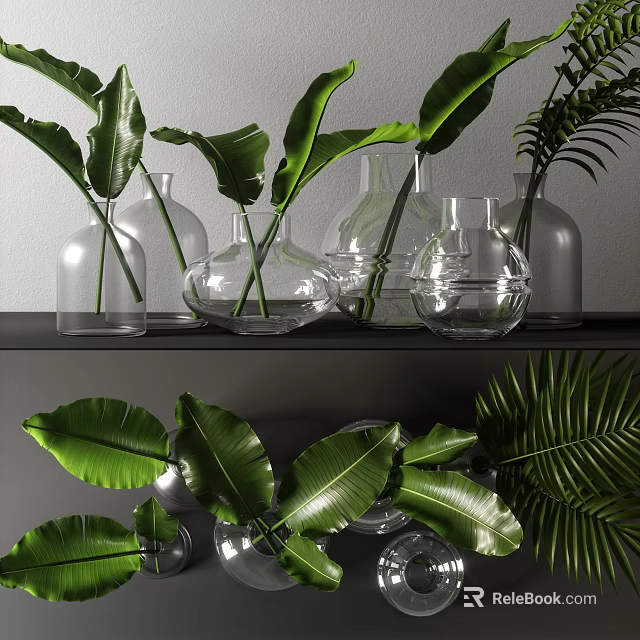Transparent Glass Vases With Green Plant Leaves On Black Modern Shelf Decor 3d model 