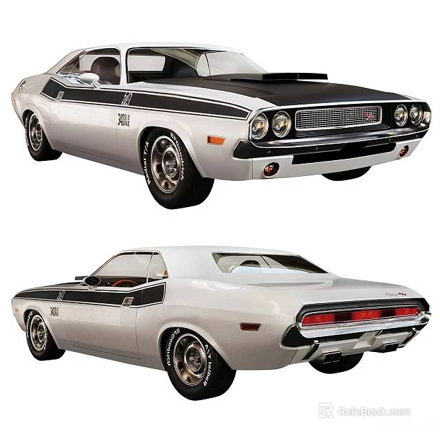 Classic American Muscle Car with White Body Black Stripes Front Rear Views 3d model 