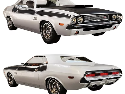 Classic American Muscle Car with White Body Black Stripes Front Rear Views 3d model