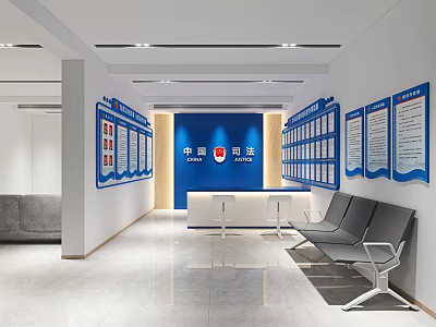 Modern Health Service Hall With Blue Bulletin Boards Reception Desk And Waiting Seats 3d model