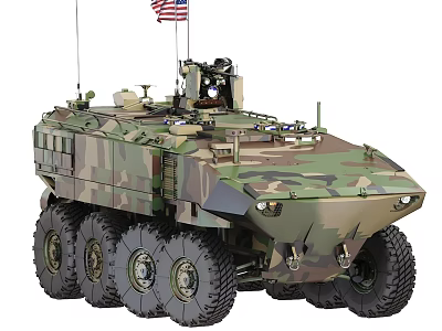 Military Camouflage Armored Tank with Eight Wheels American Flag and Turret System 3d model