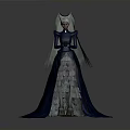 Woman In Blue Gown With Layered White Skirt Gold Belt And Winged Headpiece