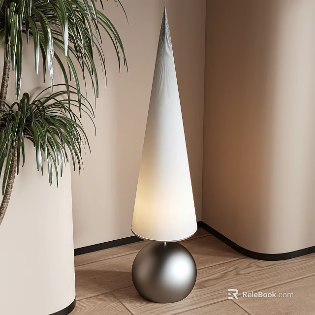Modern Floor Lamp With Conical Shade Silver Base Green Plant Light Wall And Wooden Floor 3d model 