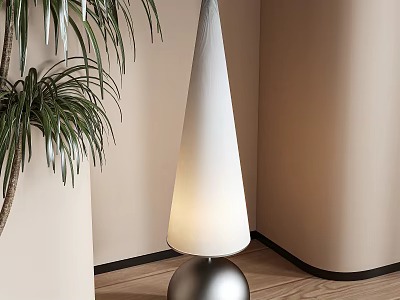 Modern Floor Lamp With Conical Shade Silver Base Green Plant Light Wall And Wooden Floor 3d model