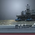 Aircraft Carrier Deck Featuring Blue Fighter Jets Control Tower And Red White Marker Lines