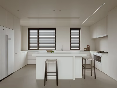 Modern Kitchen Interior With White Cabinets Island Counter Black Bar Stools And Window Blinds 3d model