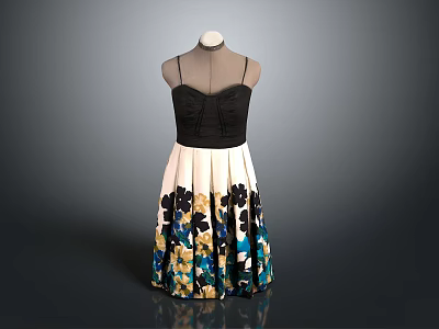Women's Floral Print Dress with Black Lace Top and A Line Skirt Design 3d model