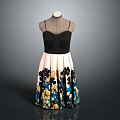 Women's Floral Print Dress with Black Lace Top and A Line Skirt Design