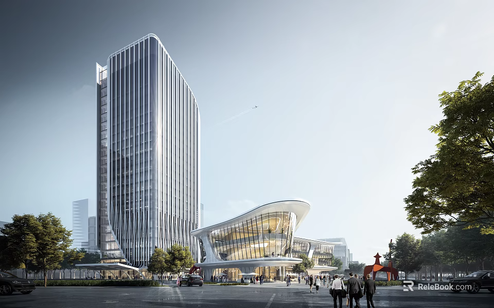 Modern Sales Office Building With Glass Facade Plaza Pedestrians And Greenery 3d model 