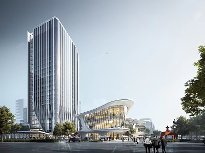 Modern Sales Office Building With Glass Facade Plaza Pedestrians And Greenery 3d model