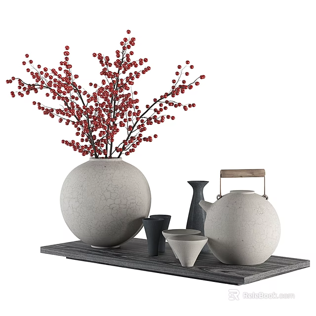Elegant Ceramic Tea Set with Teapot White Vase Red Berries and Teacups on Wooden Tray 3d model 