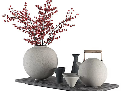 Elegant Ceramic Tea Set with Teapot White Vase Red Berries and Teacups on Wooden Tray 3d model