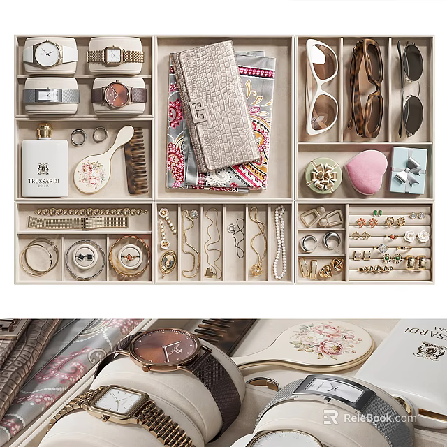 Organized Jewelry Storage Box With Necklaces Rings Earrings And Fashion Accessories 3d model 