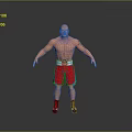 Muscular Bald Man Wearing Red Boxing Shorts White Belt And Black Shoes In Gray Background