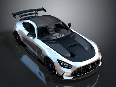 Sleek Silver And Black Sports Car With Large Rear Spoiler And Aggressive Front Design 3d model