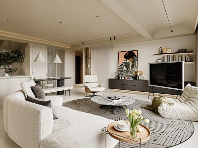 Modern Living And Dining Room Interior With White Sofa TV Artwork And Plants 3d model