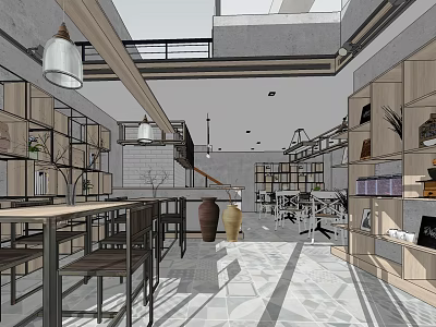 Modern Cafe Interior With Wooden Shelves Metal Tables Hanging Lights And Geometric Floor Tiles 3d model