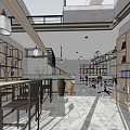 Modern Cafe Interior With Wooden Shelves Metal Tables Hanging Lights And Geometric Floor Tiles