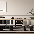 Minimalist Tea Table and Chairs Interior With Wooden Surface Teapot and Decorative Plant