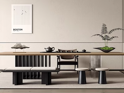 Minimalist Tea Table and Chairs Interior With Wooden Surface Teapot and Decorative Plant 3d model