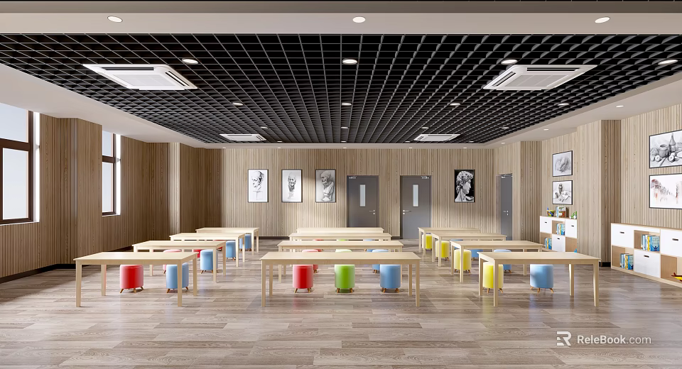 Spacious Bright School Classroom With Colorful Desks And Wooden Walls 3d model 