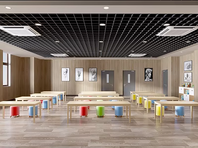 Spacious Bright School Classroom With Colorful Desks And Wooden Walls 3d model