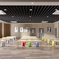 Spacious Bright School Classroom With Colorful Desks And Wooden Walls