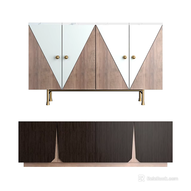 Modern TV Stand With Geometric Design Light Wood White Panels Gold Handles And Legs 3d model 